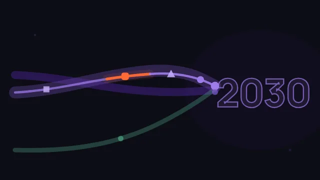 Soldan sağa akan bir yatakta meslekleri temsil eden geometrik işaretlerin 2030'a doğru ilerlediğini gösteren soyut illüstrasyon